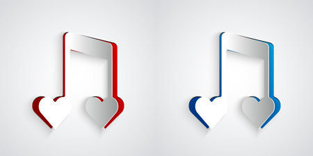 Paper cut Music note, tone with hearts icon isolated on grey background. Happy Valentines day. Paper art style. Vectorのイラスト素材