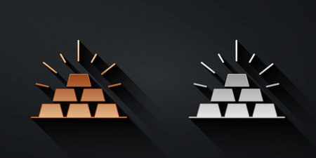 Gold and silver Gold bars icon isolated on black background. Banking business concept. Long shadow style. Vectorのイラスト素材