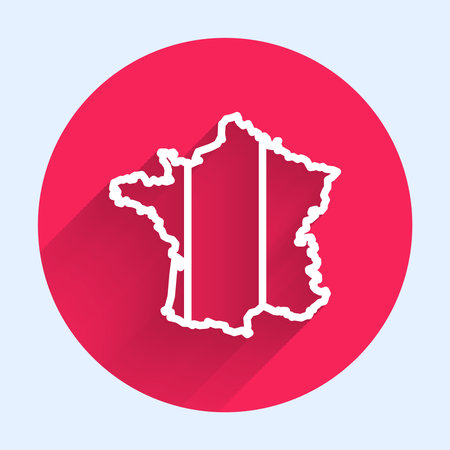 White line Map of France icon isolated with long shadow background. Red circle button. Vectorのイラスト素材
