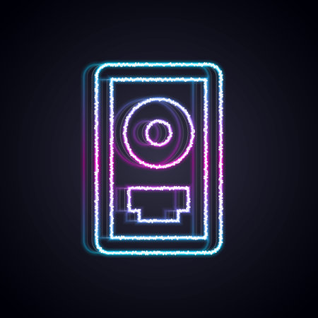Glowing neon line CD disk award in frame icon isolated on black background. Modern ceremony. Best seller. Musical trophy. Vectorのイラスト素材