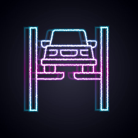 Glowing neon line Repair car on lift icon isolated on black background. Repair of the underbody, suspension, wheels and engine. Vectorのイラスト素材
