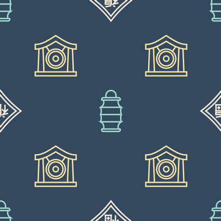 Set line Chinese New Year, Gong musical instrument and paper lantern on seamless pattern. Vectorのイラスト素材