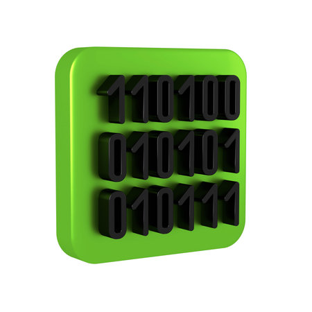 Black Binary code icon isolated on transparent background. Green square button.
