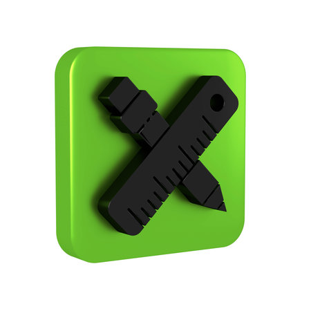 Black Crossed ruler and pencil icon isolated on transparent background. Straightedge symbol. Drawing...