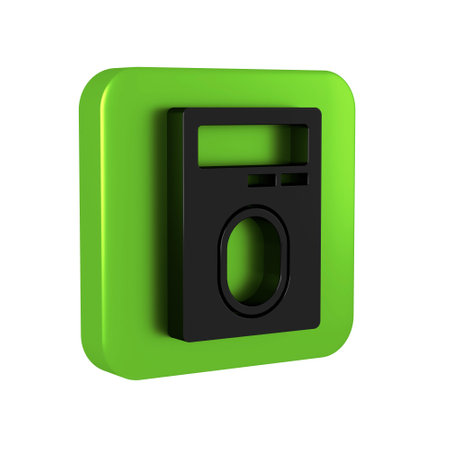 Black Human hand scanning with finger scan on access control machine icon isolated on transparent background. Identification sign. Touch id. Green square button.の写真素材