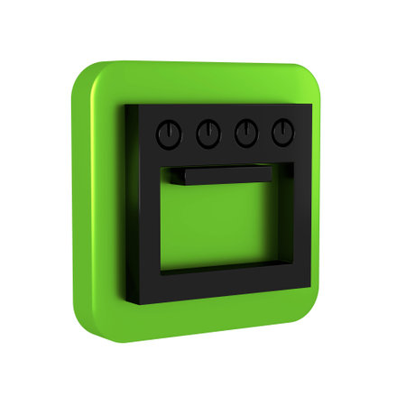 Black Oven icon isolated on transparent background. Stove gas oven sign. Green square button.の写真素材