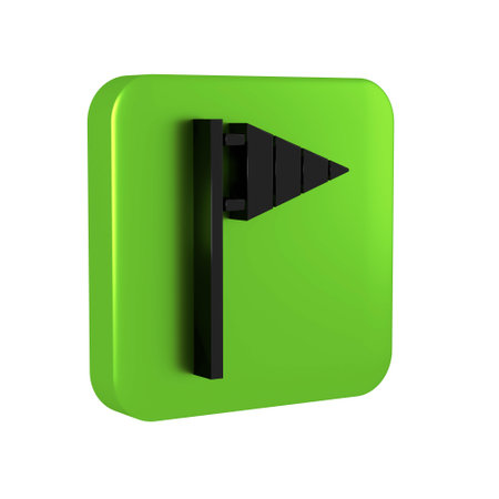 Black Golf flag icon isolated on transparent background. Golf equipment or accessory. Green square button.の写真素材
