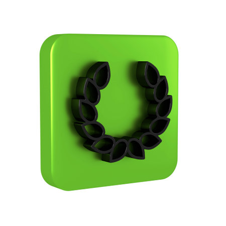 Black Laurel wreath icon isolated on transparent background. Triumph symbol. Green square button.の写真素材