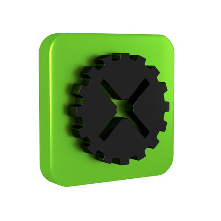 Black Bicycle sprocket crank icon isolated on transparent background. Green square button.の写真素材
