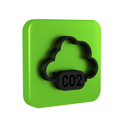 Black CO2 emissions in cloud icon isolated on transparent background. Carbon dioxide formula, smog pollution concept, environment concept. Green square button.の写真素材