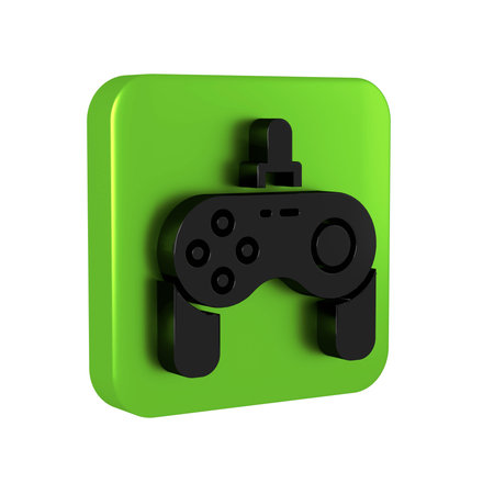 Black Gamepad icon isolated on transparent background. Game controller. Green square button.