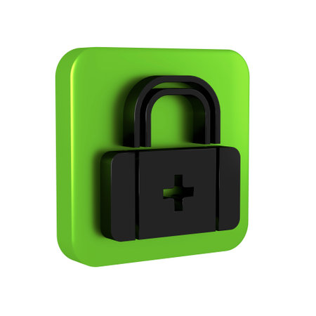 Black First aid kit icon isolated on transparent background. Medical box with cross. Medical equipment for emergency. Healthcare concept. Green square button.の写真素材