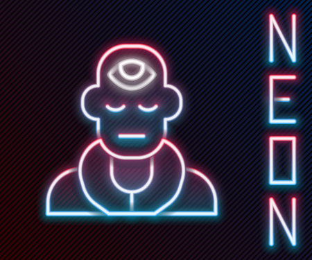Glowing neon line Wizard warlock icon isolated on black background. Colorful outline concept. Vector.のイラスト素材