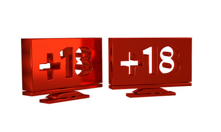 Red Computer monitor with 18 plus content icon isolated on transparent background. Age restriction symbol. Sex content sign. Adult channel. .の写真素材