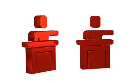 Red Speaker icon isolated on transparent background. Orator speaking from tribune. Public speech....