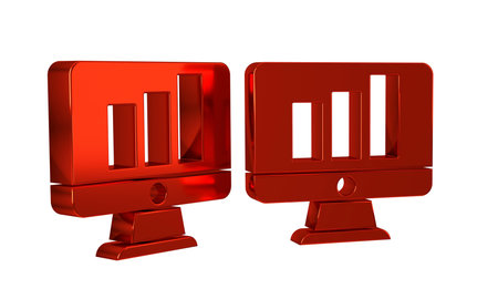 Red Computer monitor with graph chart icon isolated on transparent background. Report text file....