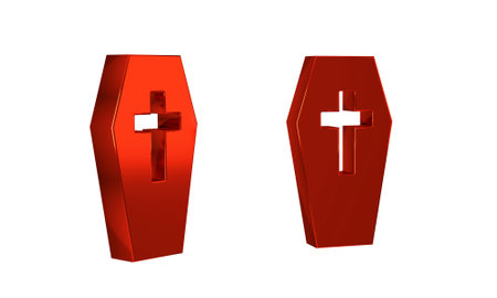 Red Coffin with Christian cross icon isolated on transparent background. Happy Halloween party. .の写真素材