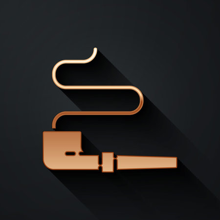 Gold Native American indian smoking pipe icon isolated on black background. Long shadow style. Vector.のイラスト素材