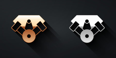 Gold and silver Power car engine icon isolated on black background. Long shadow style. Vector.のイラスト素材
