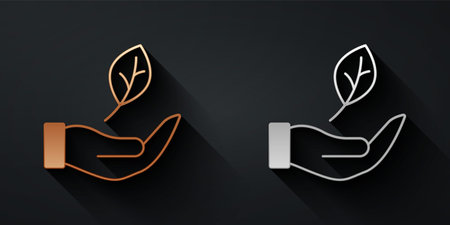 Gold and silver Hand hold a leaf of the plant icon isolated on black background. Care nature. Leaf shoots with environmental protection. Long shadow style. Vector.のイラスト素材