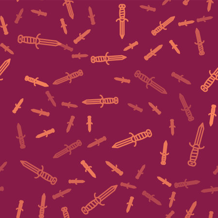 Brown line Military knife icon isolated seamless pattern on red background. Vector.のイラスト素材