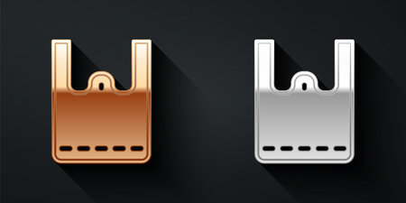 Gold and silver Paper shopping bag icon isolated on black background. Package sign. Long shadow style. Vector.のイラスト素材