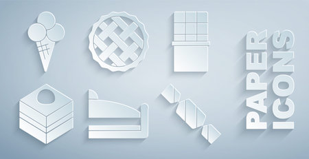 Set Piece of cake Chocolate bar Brownie chocolate Candy Homemade pie and Ice cream in waffle cone icon. Vector.のイラスト素材