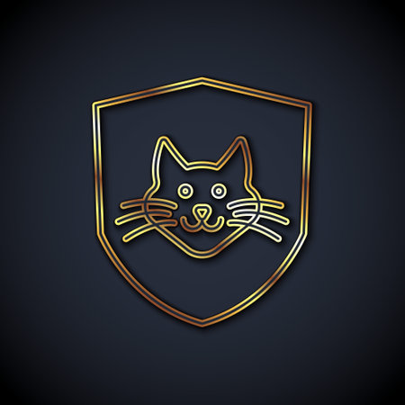 Gold line Animal health insurance icon isolated on black background. Pet protection concept. Dog or cat paw print. Vector.のイラスト素材