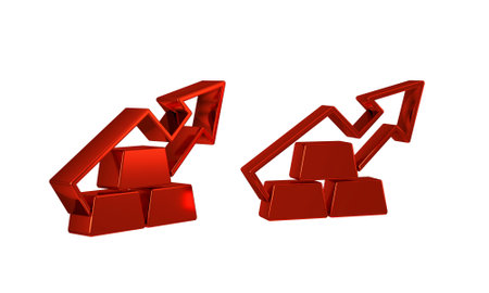 Red Finance growth chart arrow with gold bars icon isolated on transparent background. Financial success concept. Gold investment concept. .の写真素材