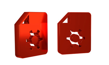 Red Document settings with gears icon isolated on transparent background. Software update, transfer protocol, teamwork tool management. .の写真素材