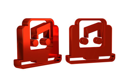Red Laptop with music note symbol on screen icon isolated on transparent background. .の写真素材