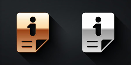 Gold and silver Information icon isolated on black background. Long shadow style. Vector.のイラスト素材