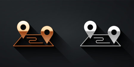 Gold and silver Route location icon isolated on black background. Map pointer sign. Concept of path or road. GPS navigator. Long shadow style. Vector.のイラスト素材