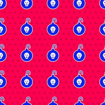 Blue Nuclear bomb icon isolated seamless pattern on red background. Rocket bomb flies down. Vector.のイラスト素材