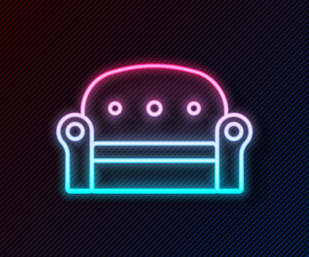Glowing neon line Sofa icon isolated on black background. Vector.のイラスト素材