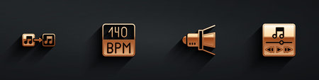 Set Music note, tone, Bitrate, Movie spotlight and player icon with long shadow. Vector.