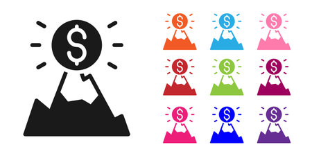 Black Mountains with flag on top icon isolated on white background. Symbol of victory or success concept. Goal achievement. Set icons colorful. Vector.のイラスト素材