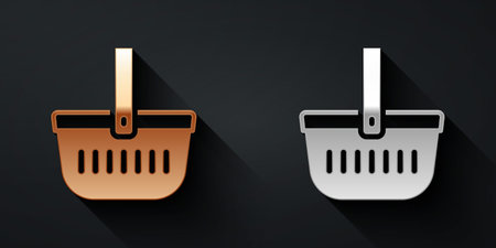 Gold and silver Picnic basket icon isolated on black background. Long shadow style. Vector.のイラスト素材
