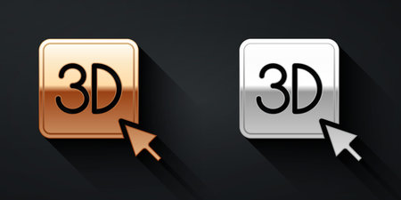 Gold and silver 3D printer icon isolated on black background. 3d printing. Long shadow style. Vector.のイラスト素材