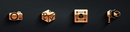 Set Photo camera, Isometric cube, Geometric figure Cube and 3D scanner with icon with long shadow....