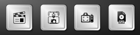 Set Movie clapper, Gimbal stabilizer with camera, Photo and FLV file document icon. Silver square button. Vector.のイラスト素材