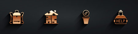 Set Hiking backpack Homeless cardboard house Donation money and Help homeless icon with long shadow....