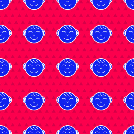 Blue Happy little boy head icon isolated seamless pattern on red background. Face of baby boy. Vector.のイラスト素材
