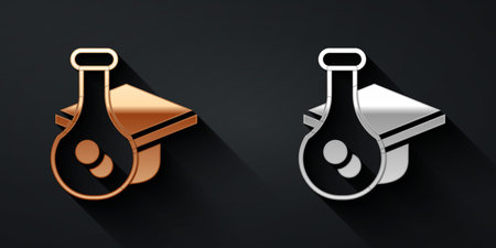 Gold and silver Graduation cap icon isolated on black background. Graduation hat with tassel icon. Long shadow style. Vector.のイラスト素材