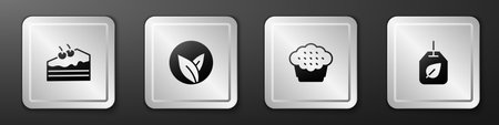Set Piece of cake Tea leaf Muffin and bag with icon. Silver square button. Vector.のイラスト素材
