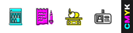 Set Commercial refrigerator, Shopping list and pencil, Electronic scales for product and Identification badge icon. Vector.のイラスト素材