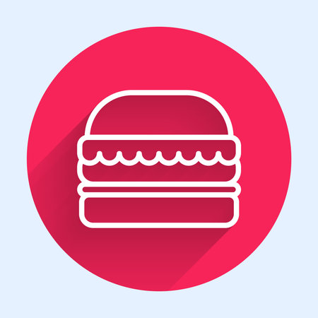 White line Burger icon isolated with long shadow. Hamburger icon. Cheeseburger sandwich sign. Fast food menu. Red circle button. Vector Illustration.のイラスト素材
