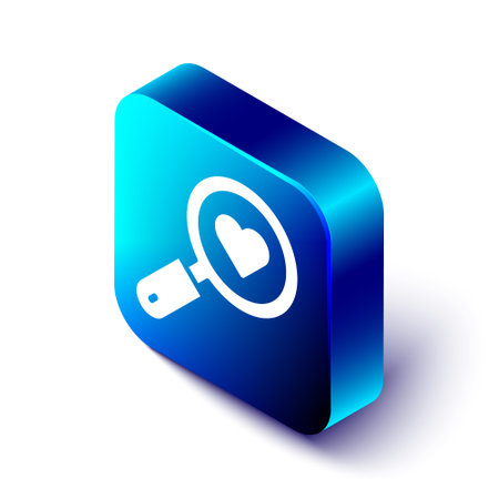 Isometric Search heart and love icon isolated on white background. Magnifying glass with heart inside. Blue square button. Vector.のイラスト素材