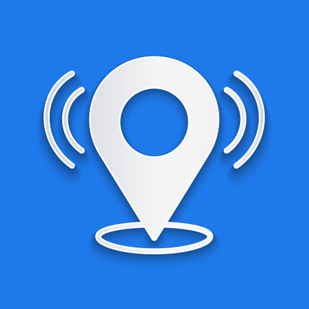 Paper cut Map pin icon isolated on blue background. Navigation, pointer, location, map, gps, direction, search concept. Paper art style. Vector.のイラスト素材