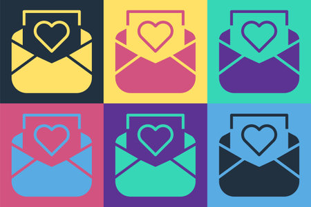Pop art Envelope with Valentine heart icon isolated on color background. Message love. Letter love and romance. Vector.のイラスト素材